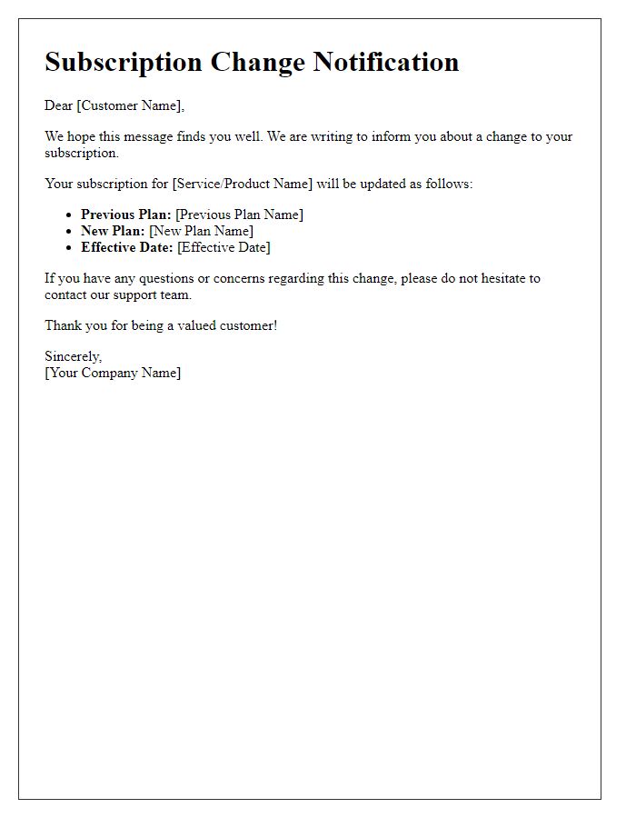 Letter template of subscription change notification