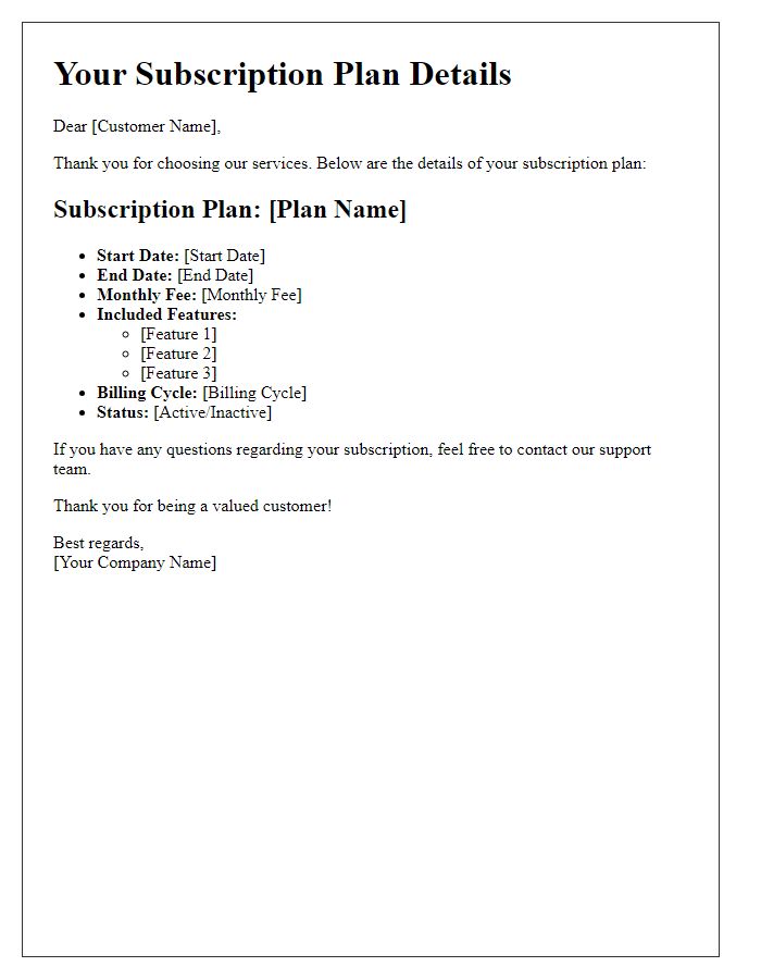 Letter template of subscription plan details summary