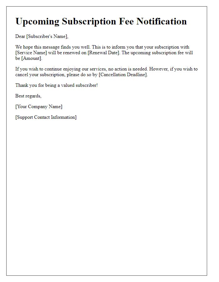 Letter template of upcoming subscription fee notification