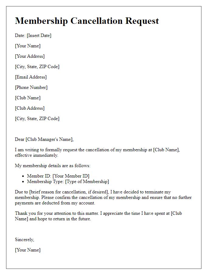 Letter template of club membership cancellation request