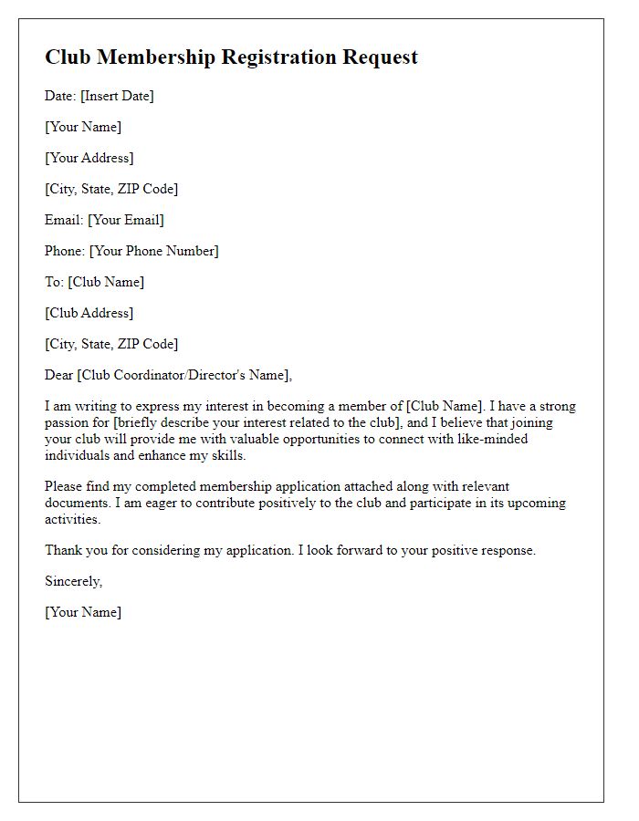 Letter template of club membership registration request