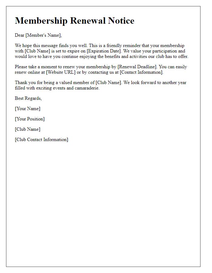 Letter template of club membership renewal notice