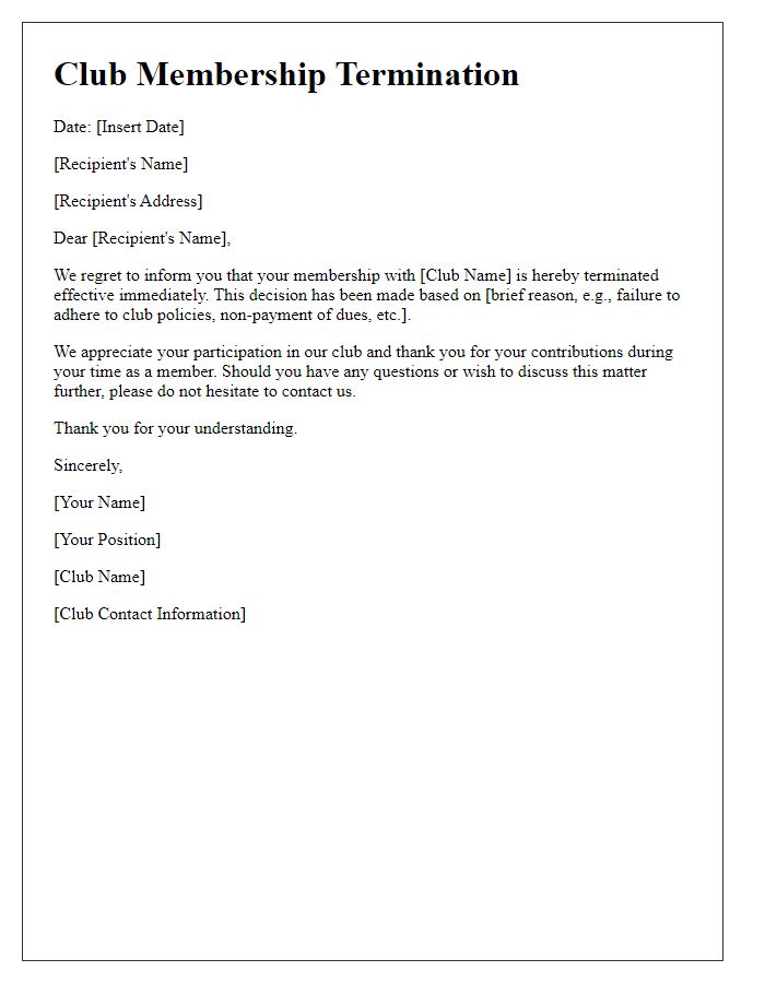 Letter template of club membership termination