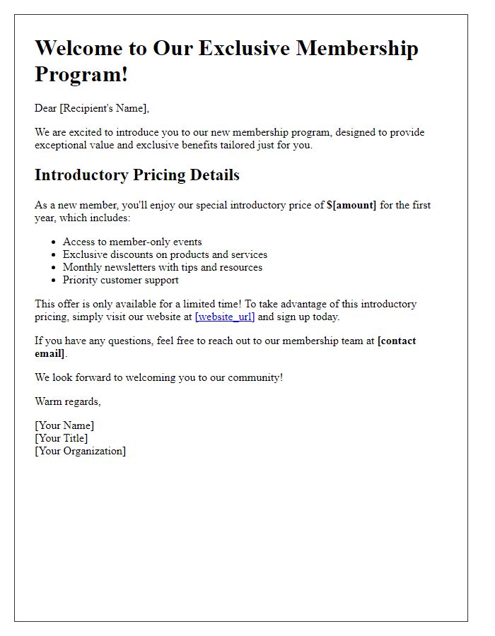 Letter template of introductory membership pricing