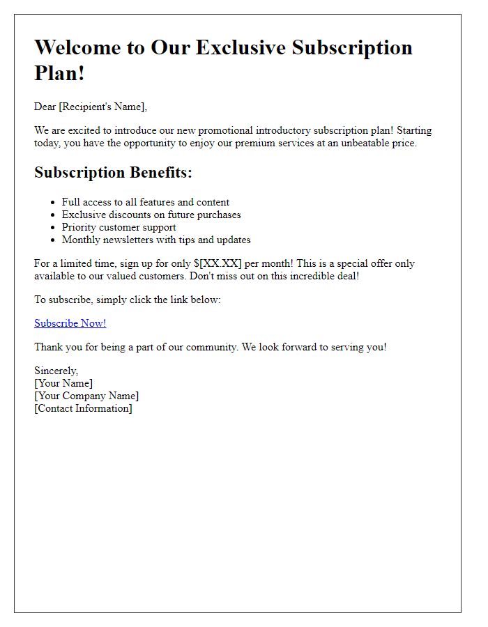 Letter template of promotional introductory subscription plan