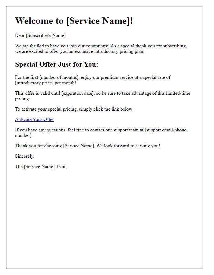 Letter template of special introductory pricing for new subscribers