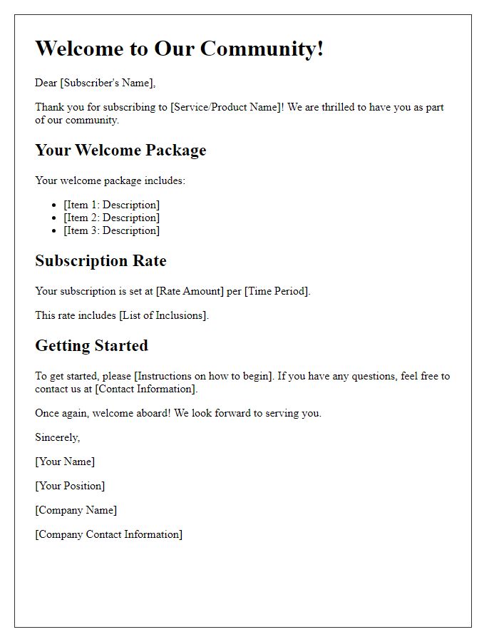 Letter template of subscriber welcome package rate