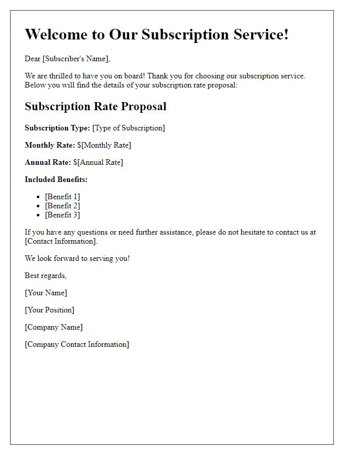 Letter template of welcome subscription rate proposal