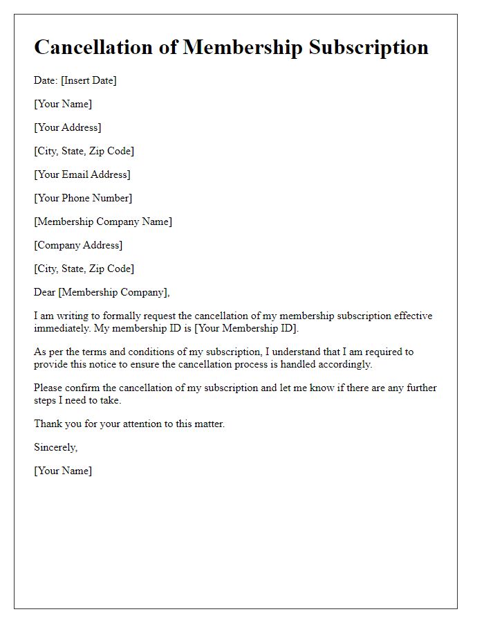 Letter template of cancellation notice for membership subscription.