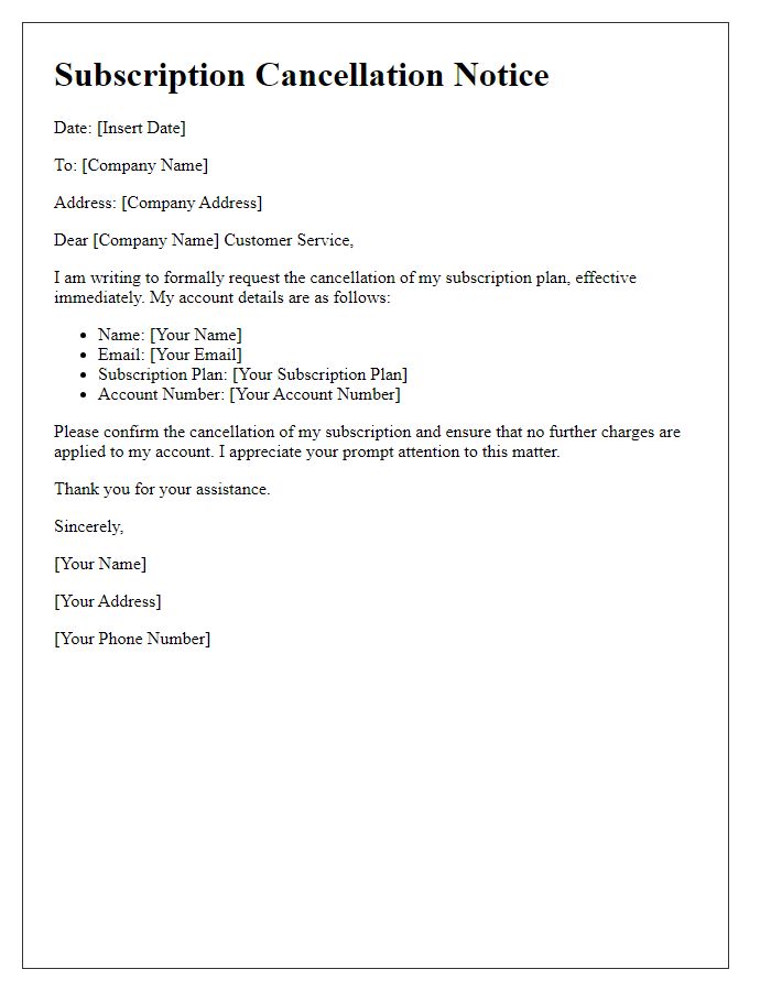 Letter template of discontinuing my subscription plan.