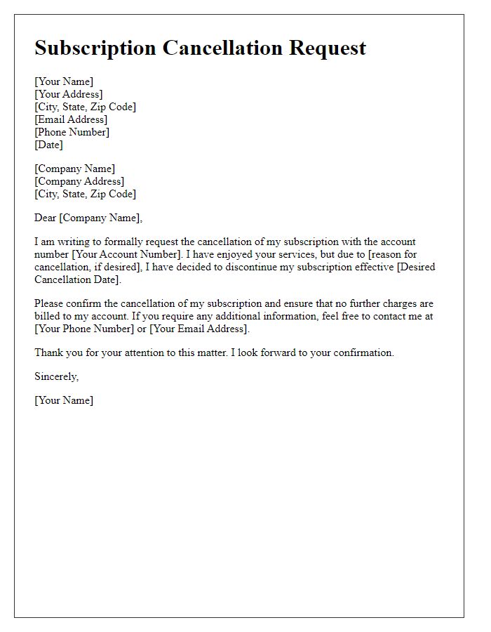 Letter template of formal subscription package cancellation.