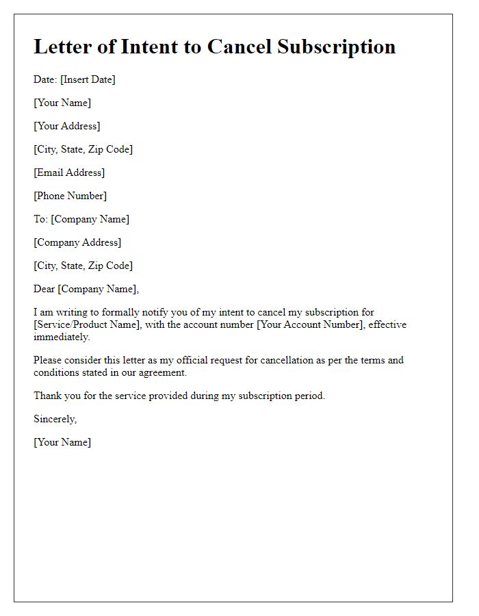 Letter template of intent to cancel subscription services.