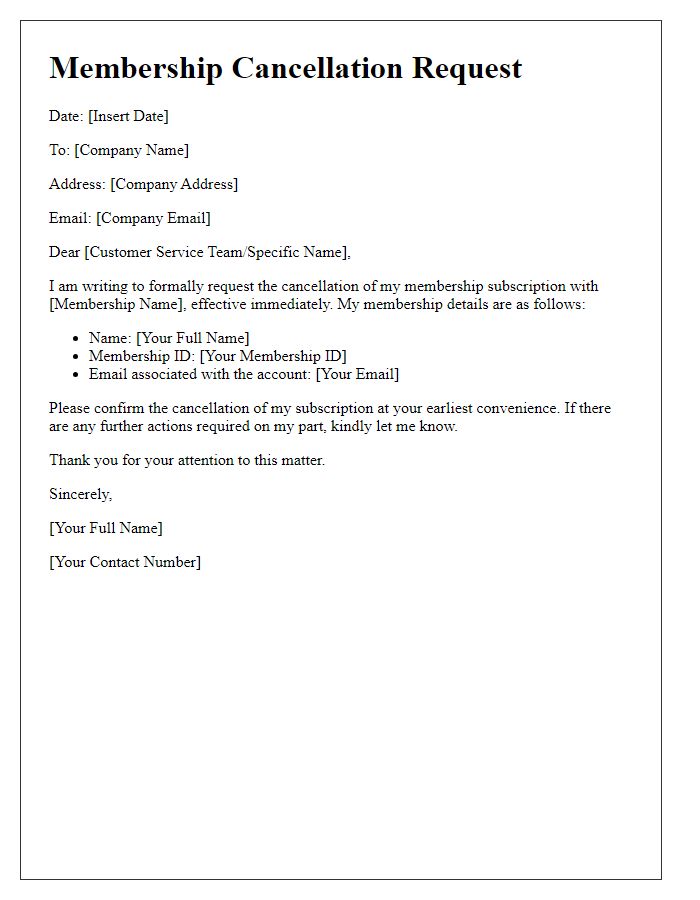 Letter template of membership cancellation for subscription.