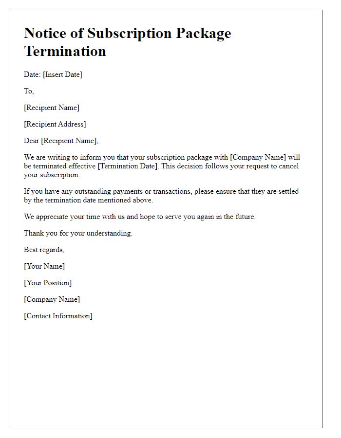 Letter template of notice for subscription package termination.