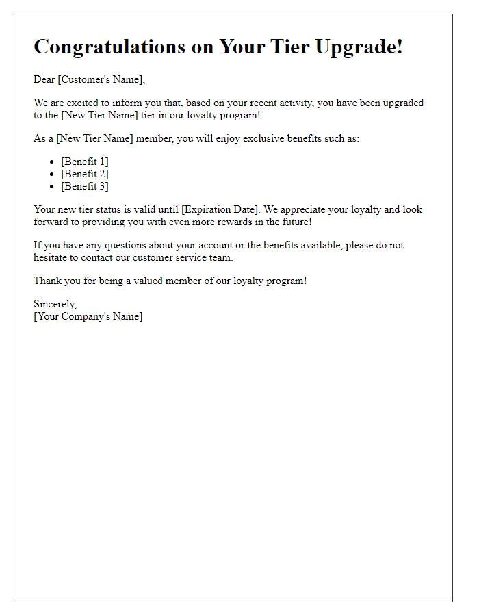 Letter template of loyalty program tier upgrade notification