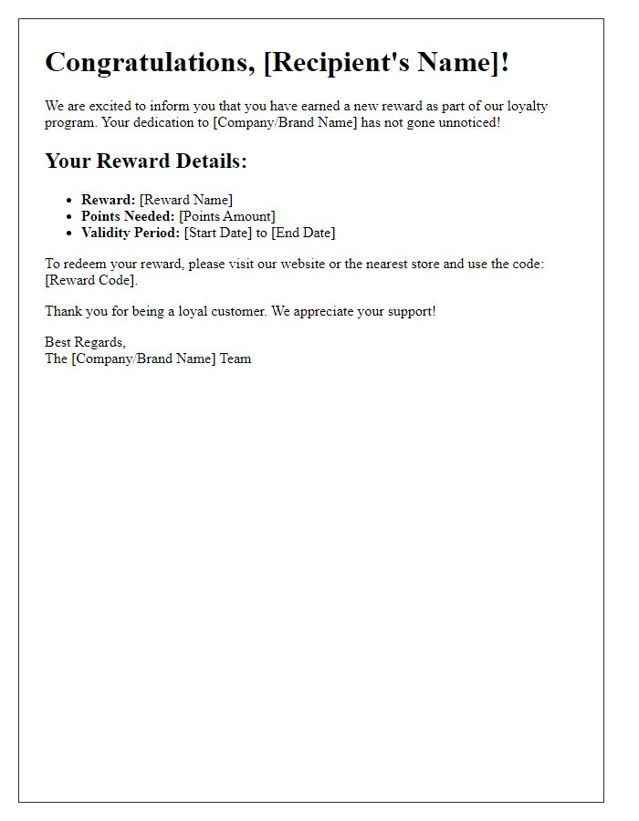 Letter template of personalized rewards notification
