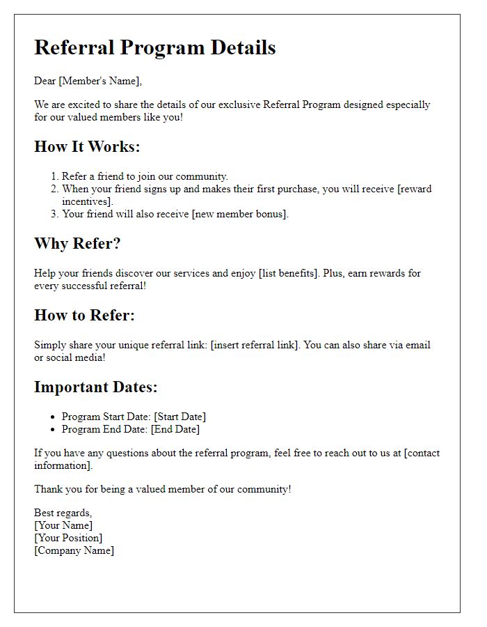 Letter template of referral program details for existing members