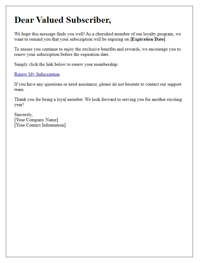 Letter template of renewal reminder for loyalty subscribers