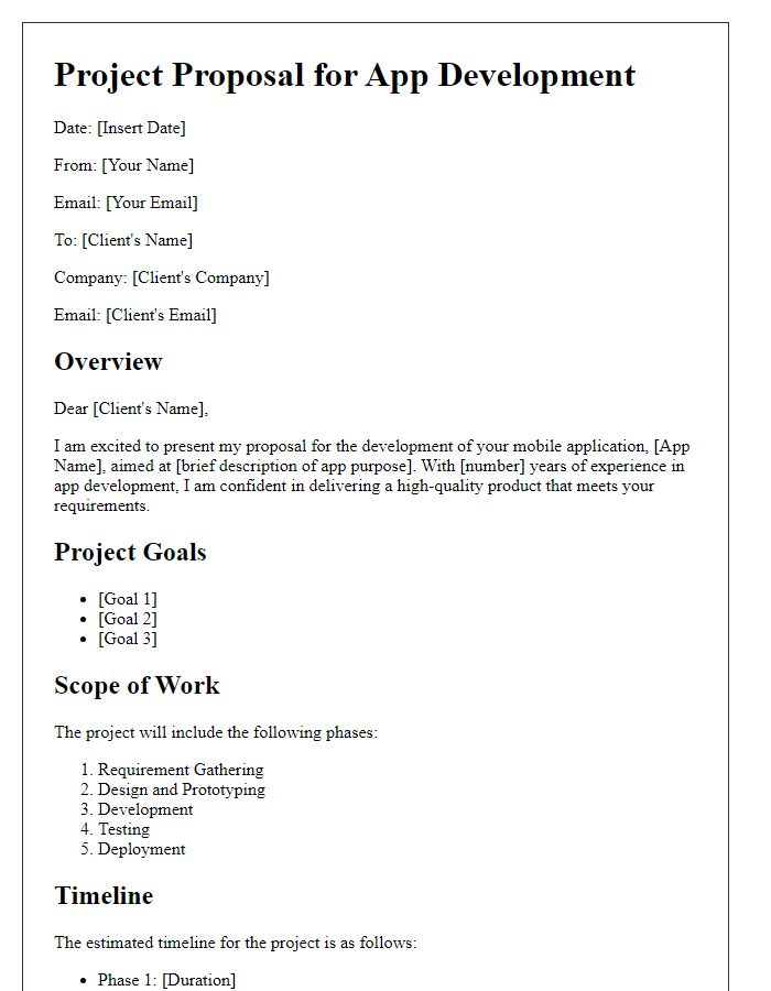 Letter template of freelance project proposal for app development