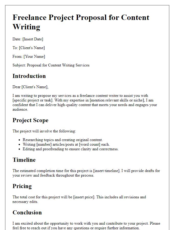 Letter template of freelance project proposal for content writing