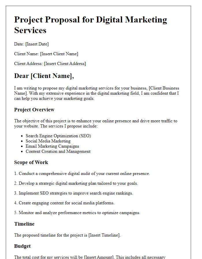 Letter template of freelance project proposal for digital marketing