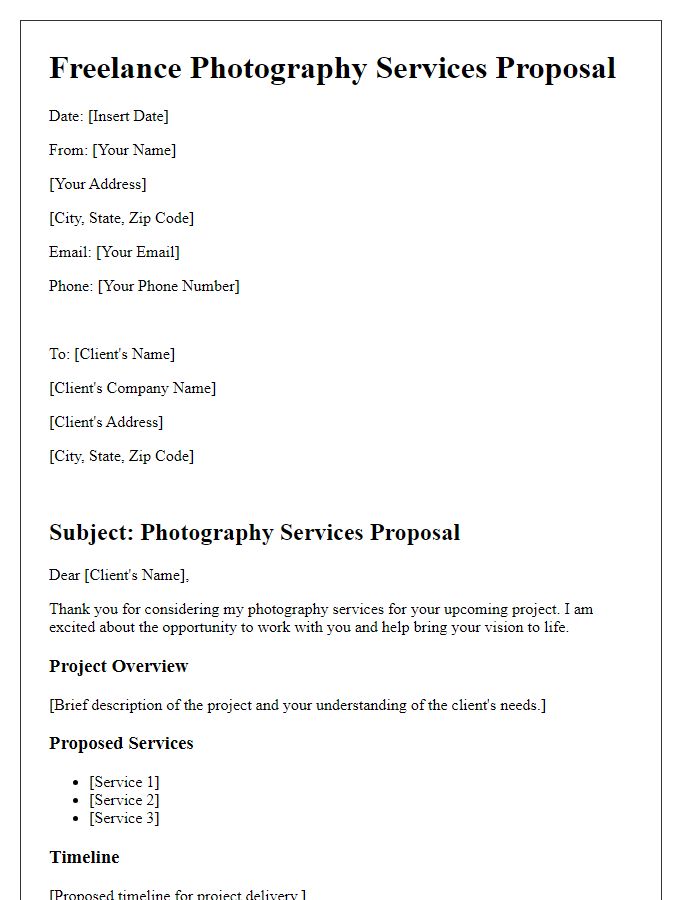 Letter template of freelance project proposal for photography services