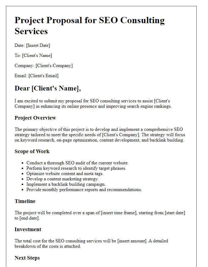 Letter template of freelance project proposal for SEO consulting