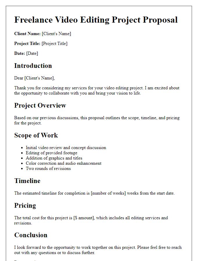 Letter template of freelance project proposal for video editing