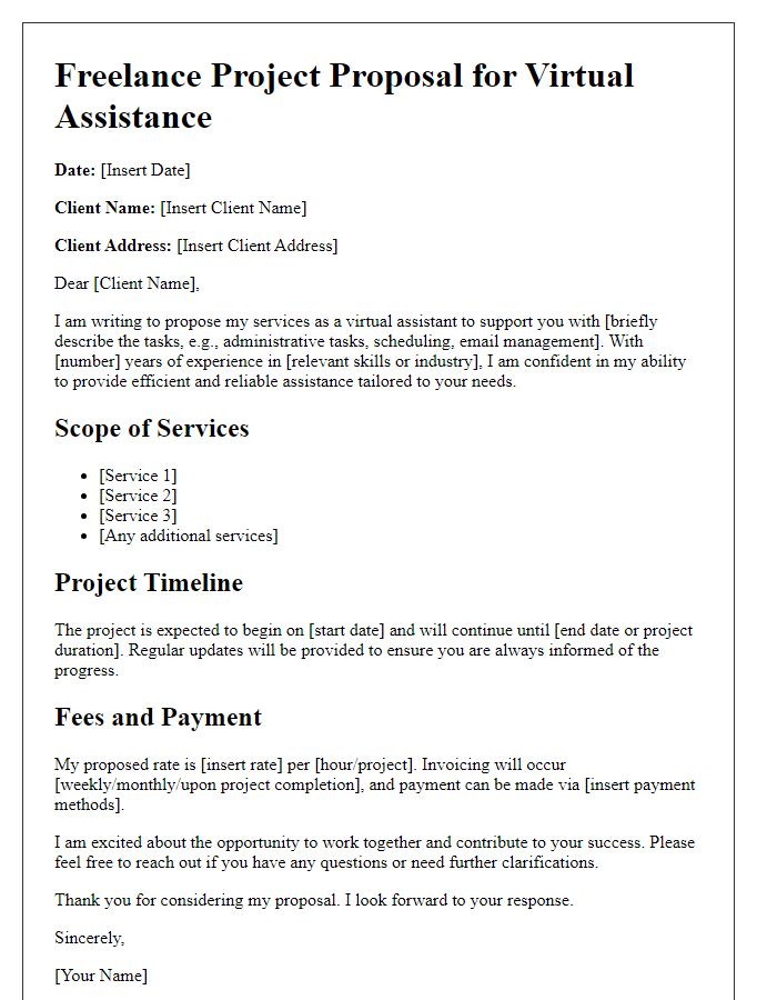 Letter template of freelance project proposal for virtual assistance