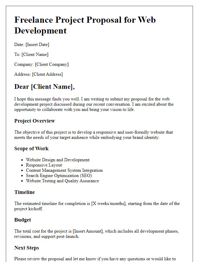 Letter template of freelance project proposal for web development