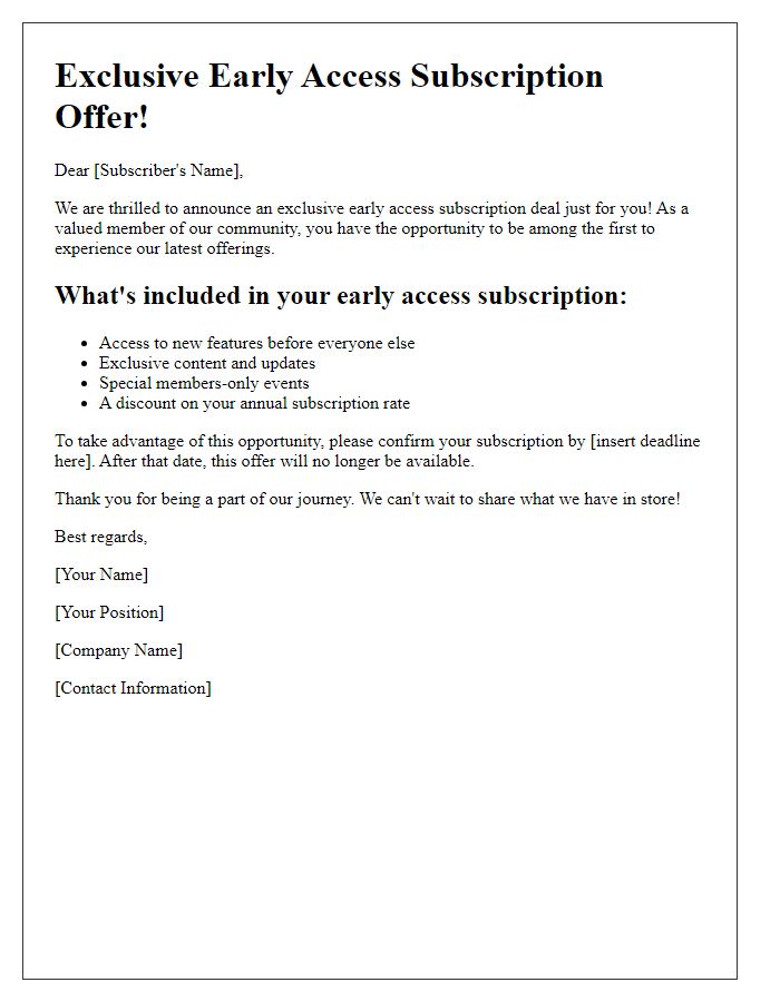 Letter template of early access subscription deal