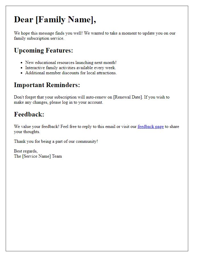 Letter template of family subscription service updates.