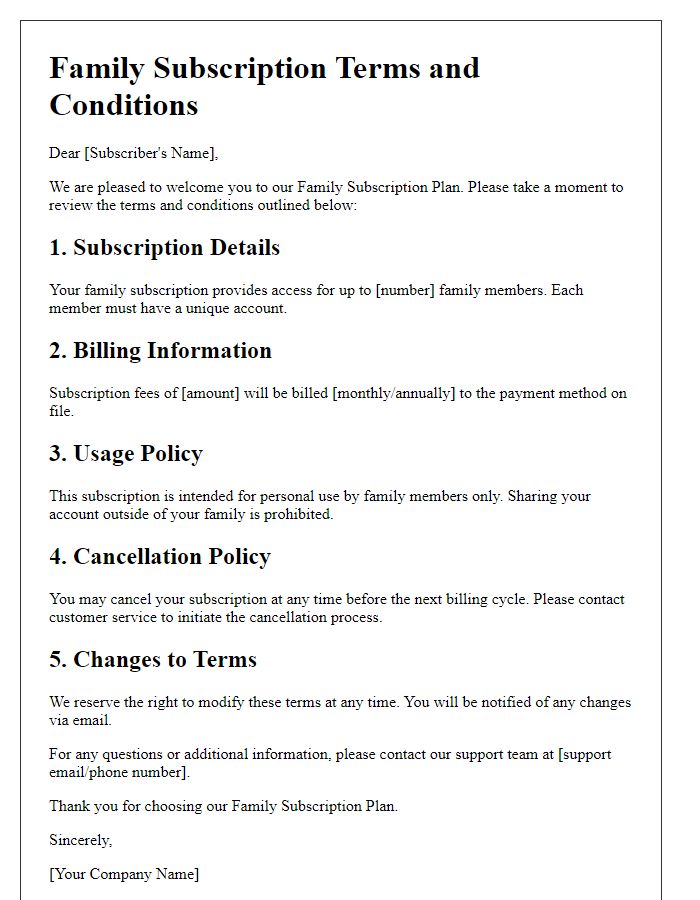 Letter template of family subscription terms and conditions.