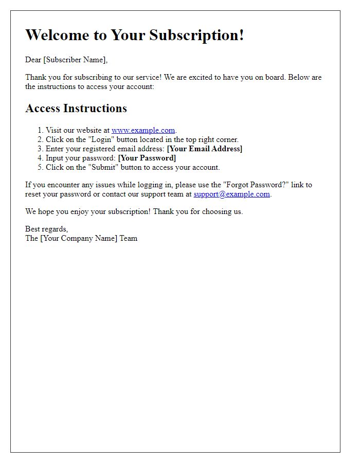 Letter template of subscription account access instructions