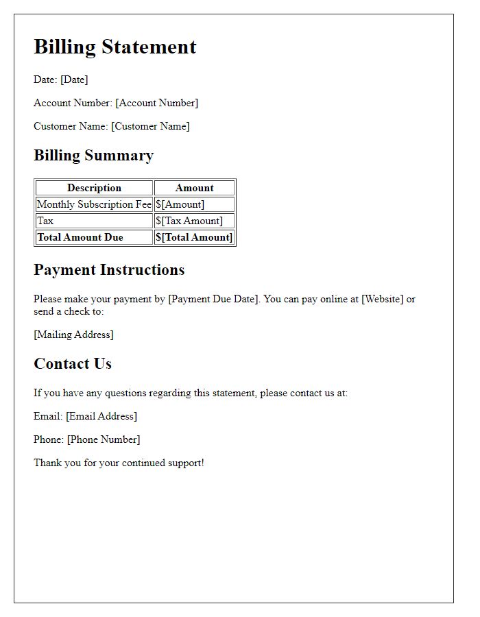 Letter template of subscription account billing statement