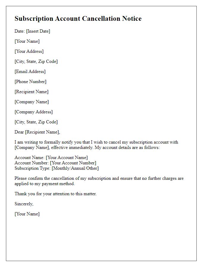 Letter template of subscription account cancellation notice