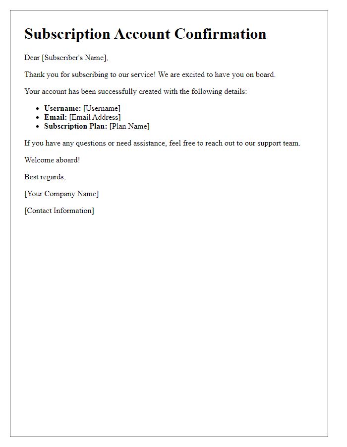 Letter template of subscription account confirmation