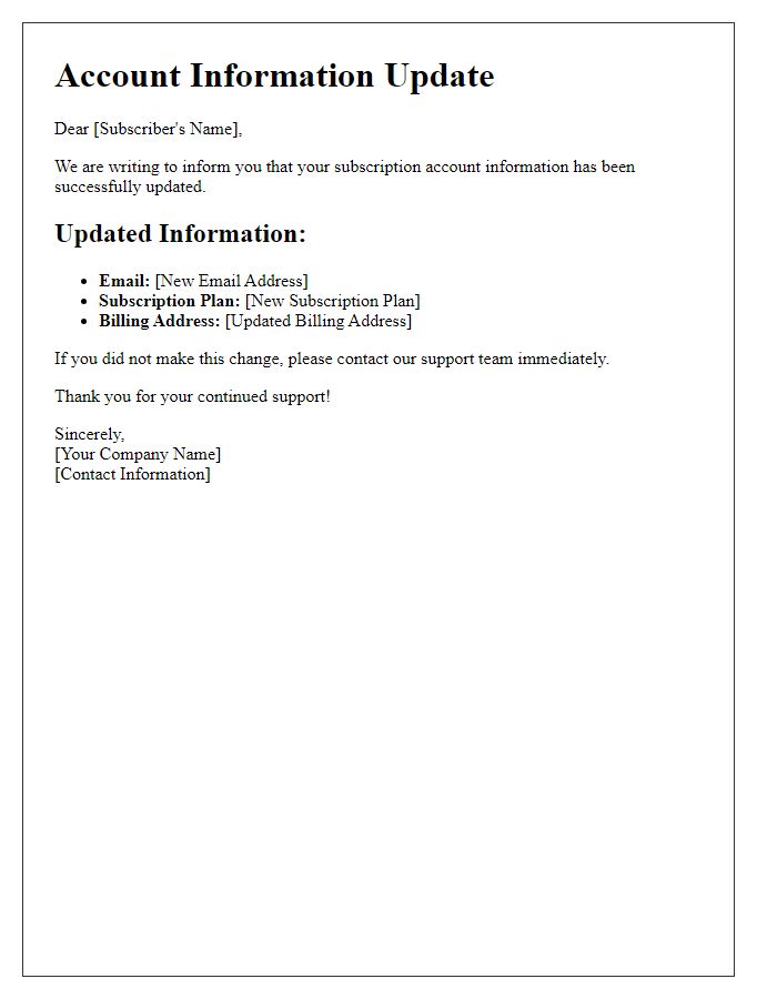 Letter template of subscription account information update