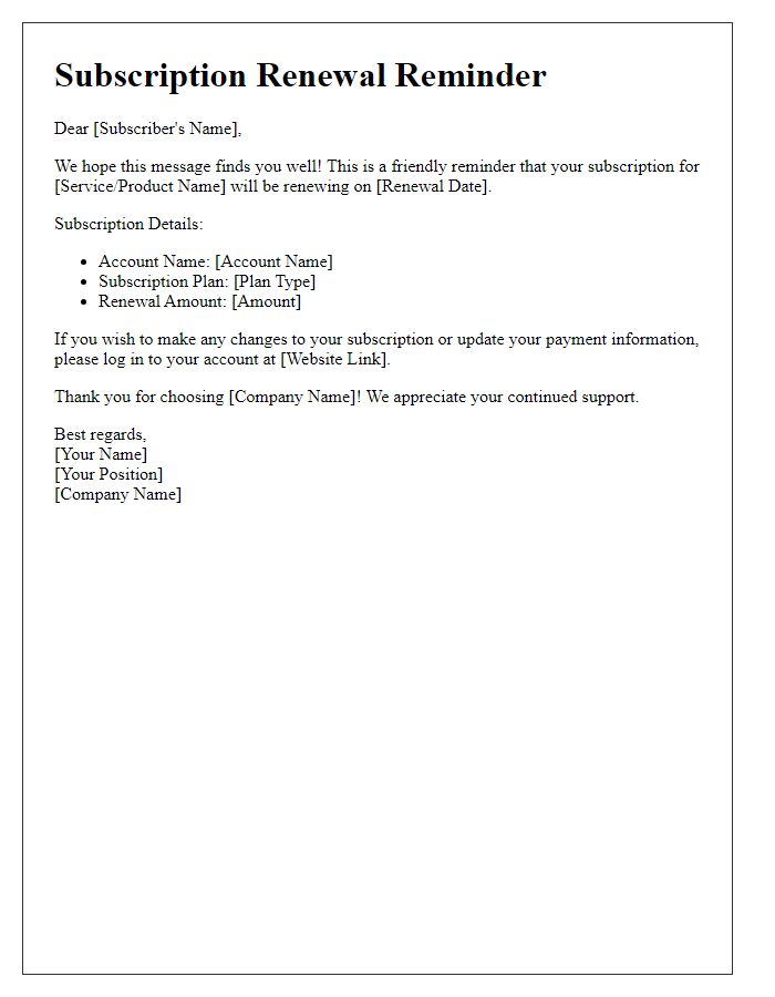 Letter template of subscription account renewal reminder