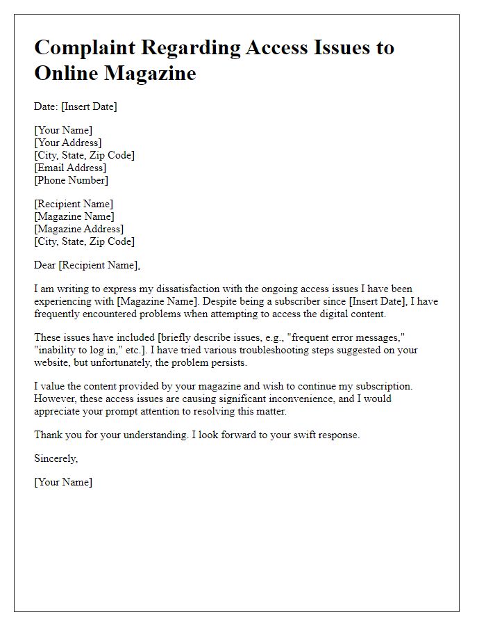 Letter template of complaint about online magazine access issues.