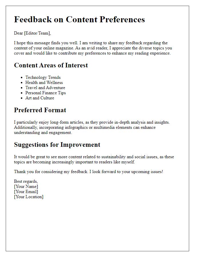 Letter template of feedback for online magazine content preferences.