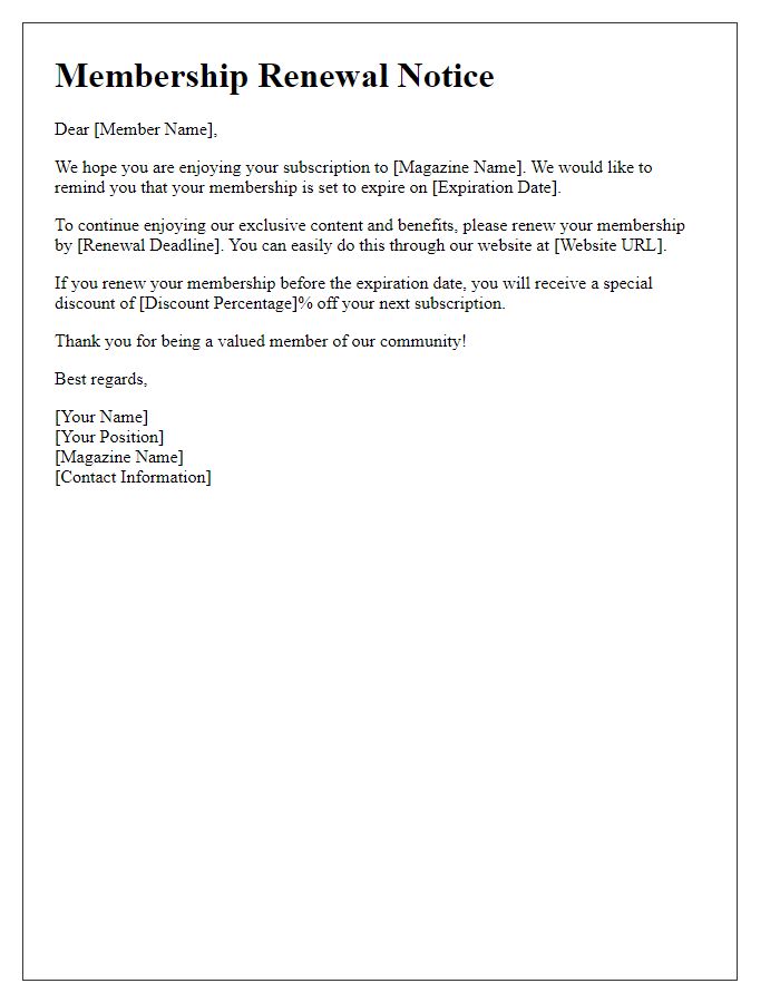 Letter template of renewal notice for online magazine membership.