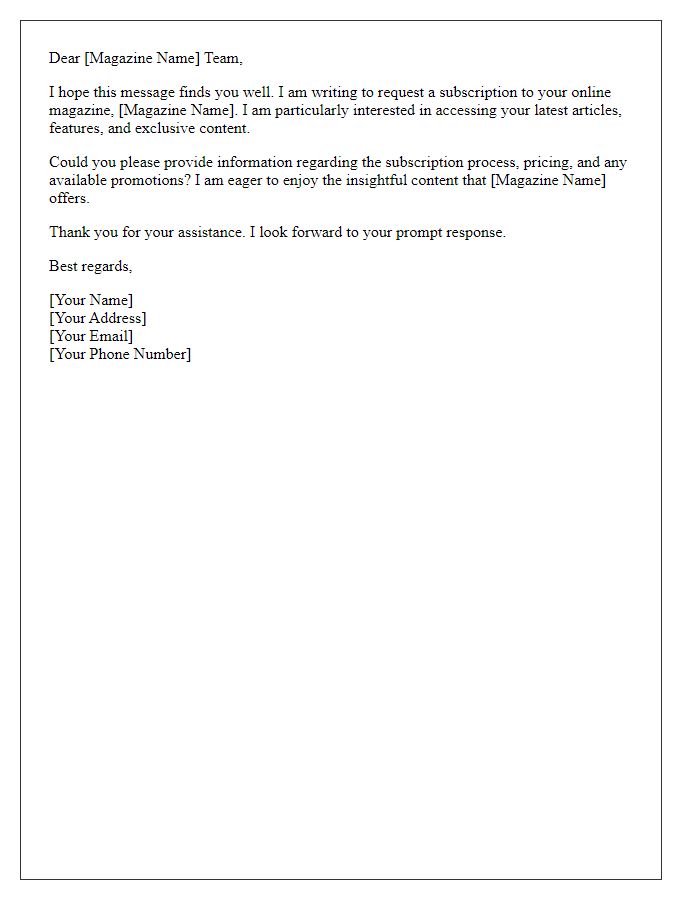 Letter template of subscription request for online magazine access.