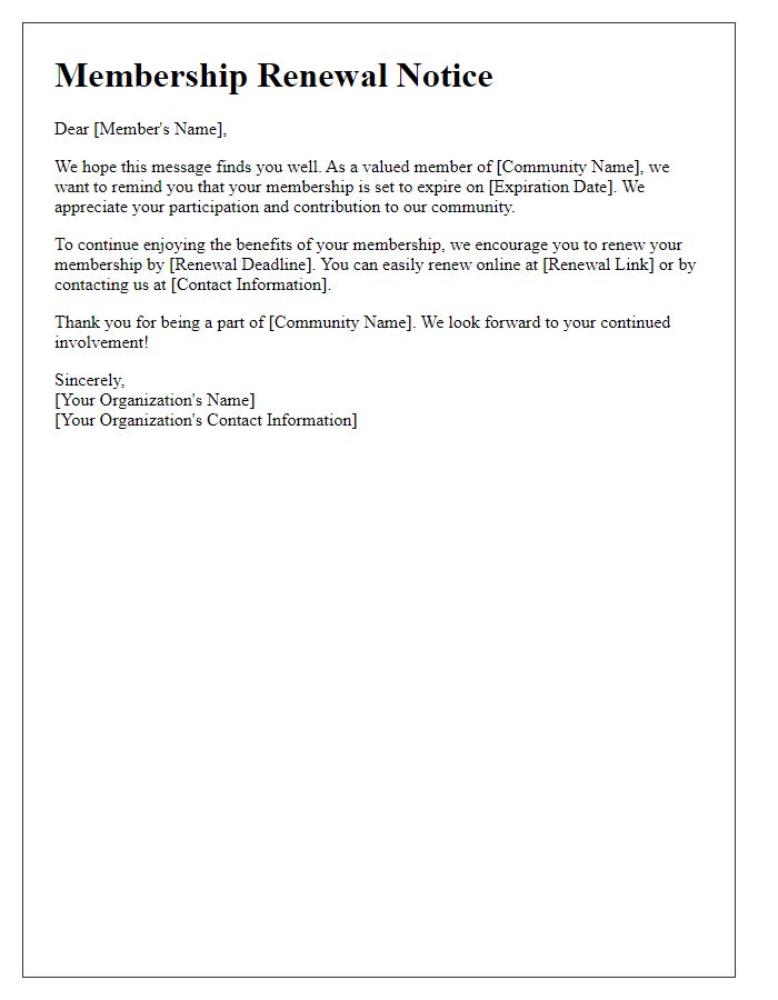 Letter template of community membership renewal notice.