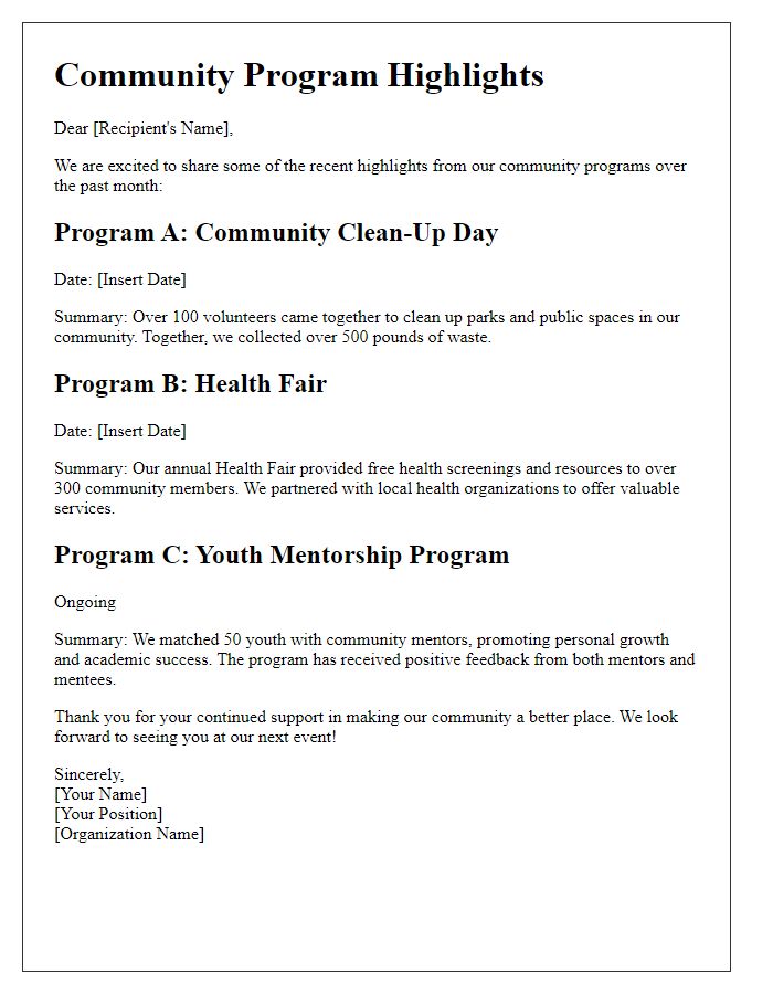 Letter template of community program highlights.