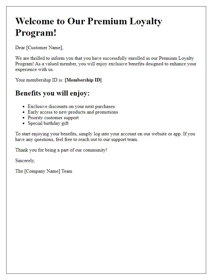 Letter template of premium loyalty program enrollment