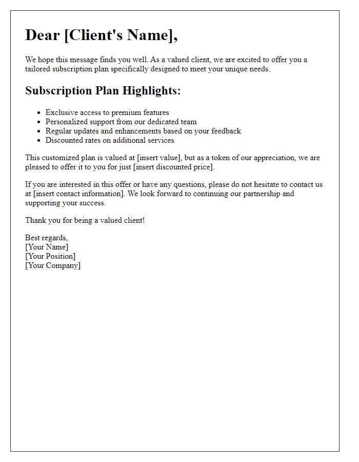 Letter template of tailored subscription plan for valued clients