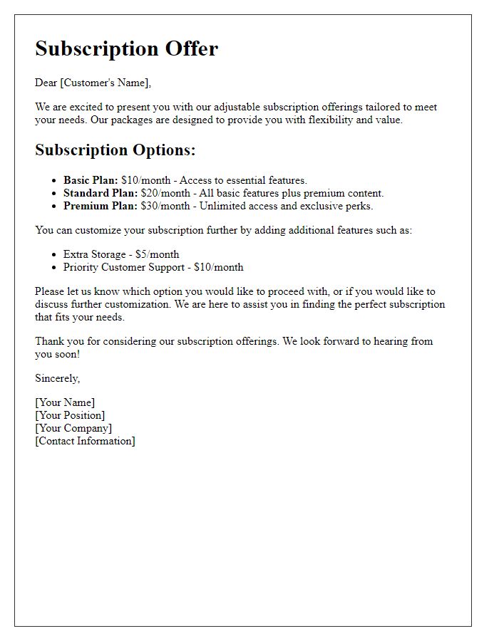 Letter template of adjustable subscription offerings