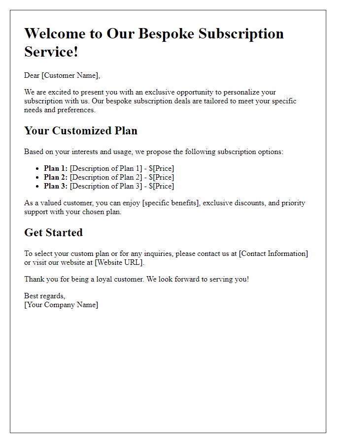 Letter template of bespoke subscription deals
