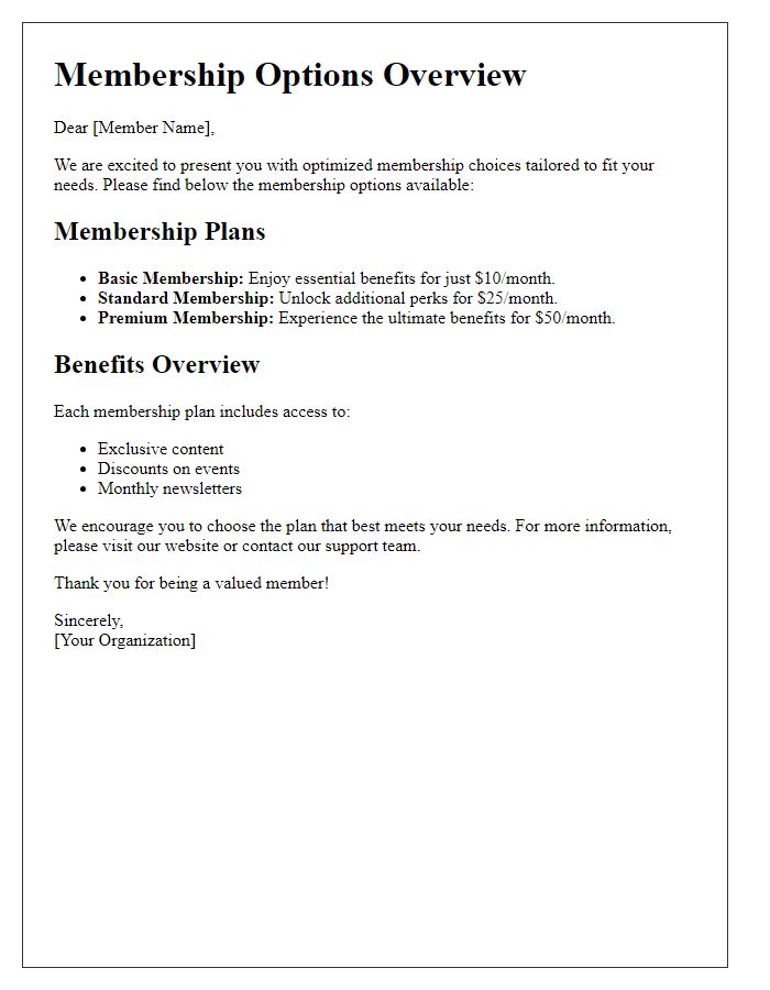 Letter template of optimized membership choices